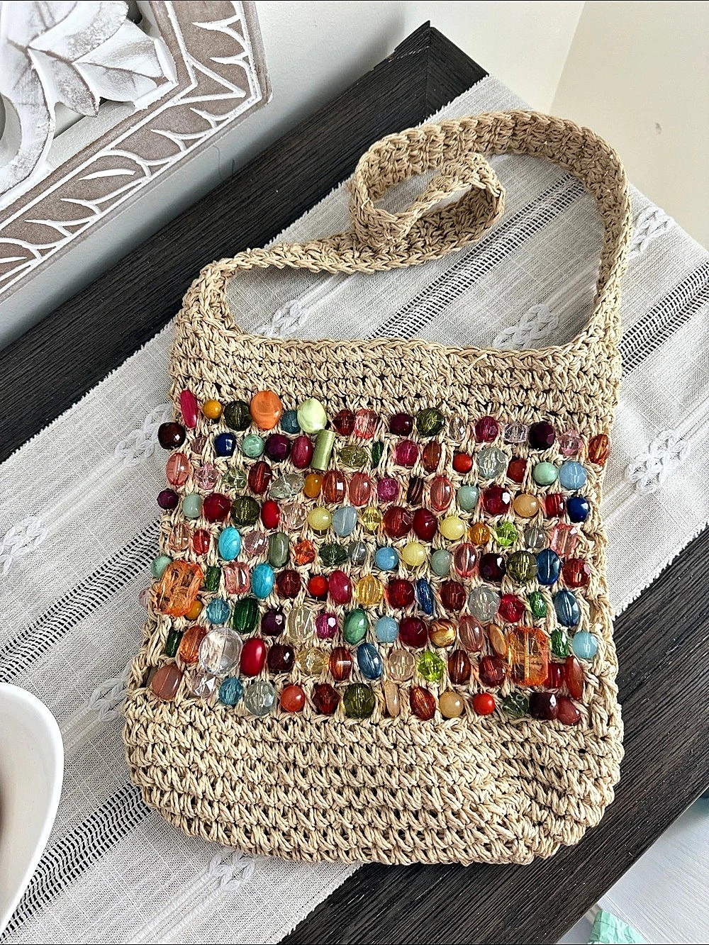 Capelli Straworld, Inc. Beaded Straw Shoulder Bag in Beige & Multicolor